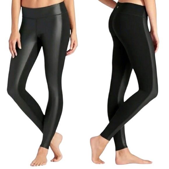 Athleta Faux Vegan Leather Front Black Gleam Leggings Size Medium - Picture 1 of 7